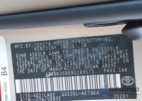 2008 Toyota Avalon Xls z USA, uszkodzony, nr VIN 4T1BK36B68U289575